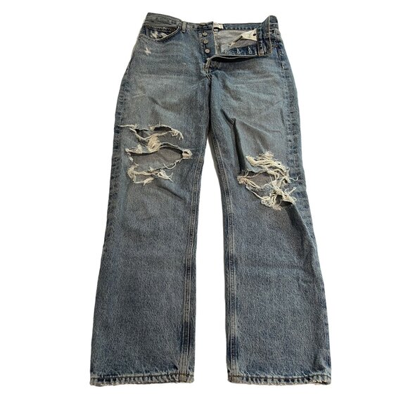 AGOLDE Distressed Button Fly Straight Leg Jeans in Blue